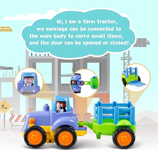 Woby Push and Go Friction Powered Car Toys Set Tractor Bulldozer Mixer Truck and Dumper for Baby Toddlers
