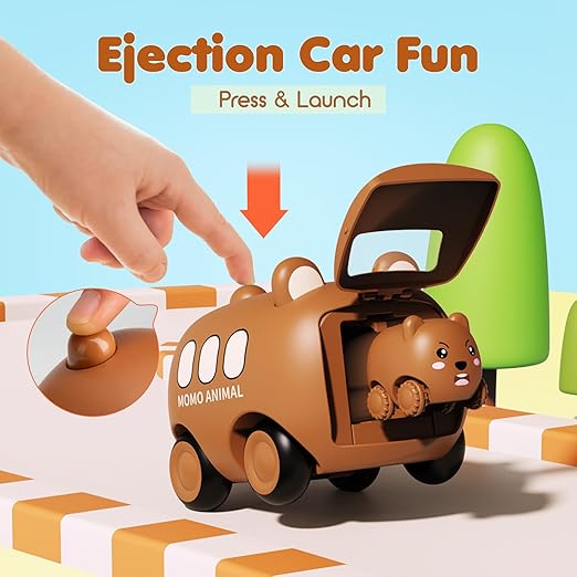Push and Go Cars for Toddlers 1-3, 4 Pack Launcher Zoo Animal Car Toys for 1 to 4 Years
