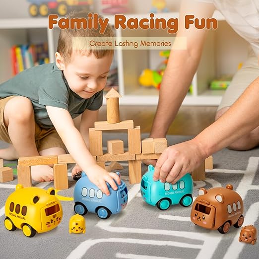 Push and Go Cars for Toddlers 1-3, 4 Pack Launcher Zoo Animal Car Toys for 1 to 4 Years